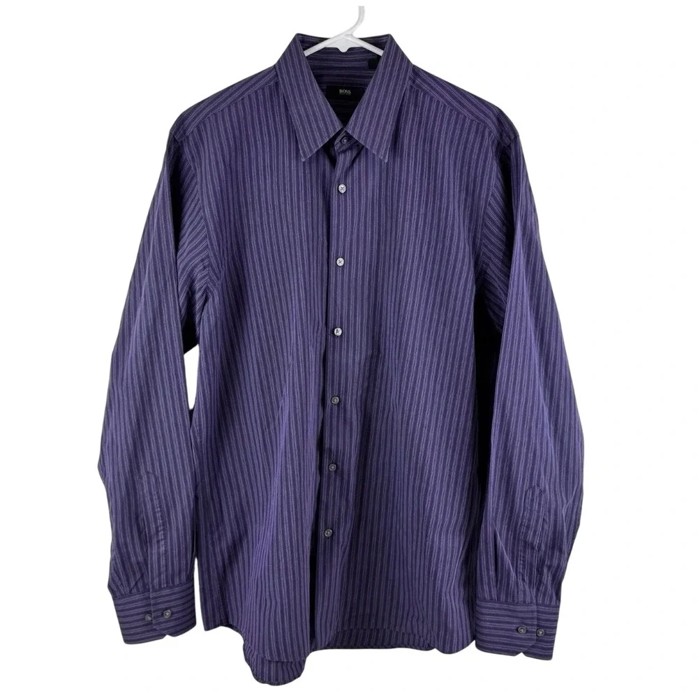 Hugo Boss Dress Shirt Mens 16.5‎ 34/35 Purple Pinstripe Brady US Button Down